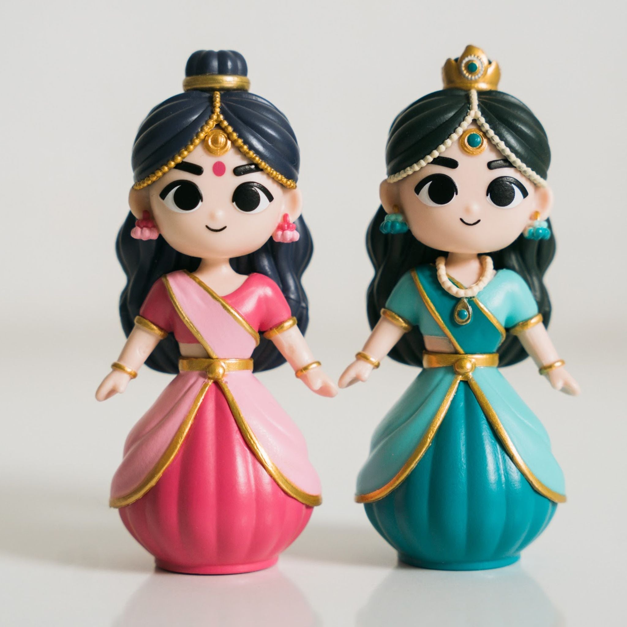 Close-up of Lalita in pink and Radharani in teal, showing the painted gold trim and jewellery