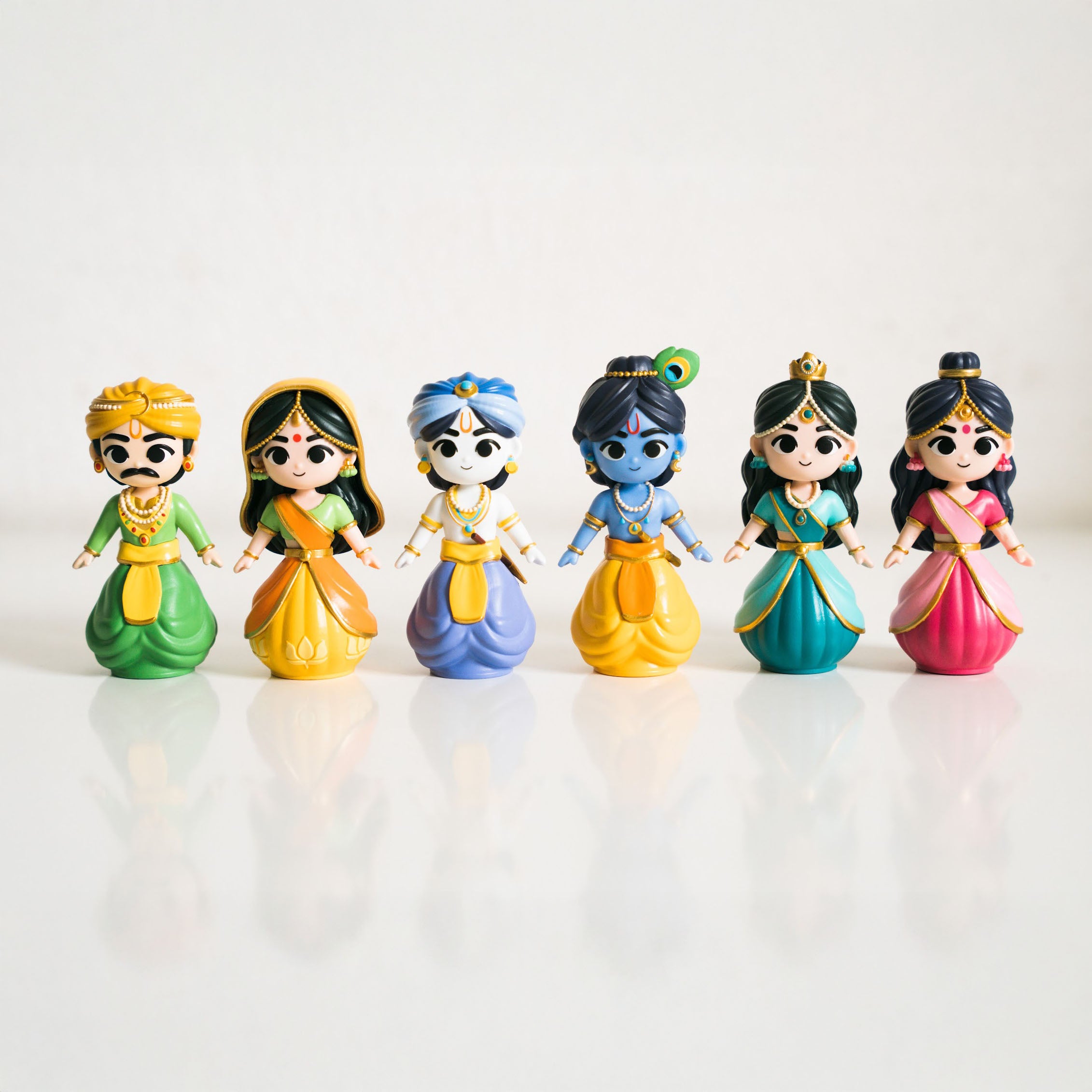 Six painted figures from the set standing in a row: Nanda Maharaj, Yashoda, Balarama, Krishna, Lalita and Radharani