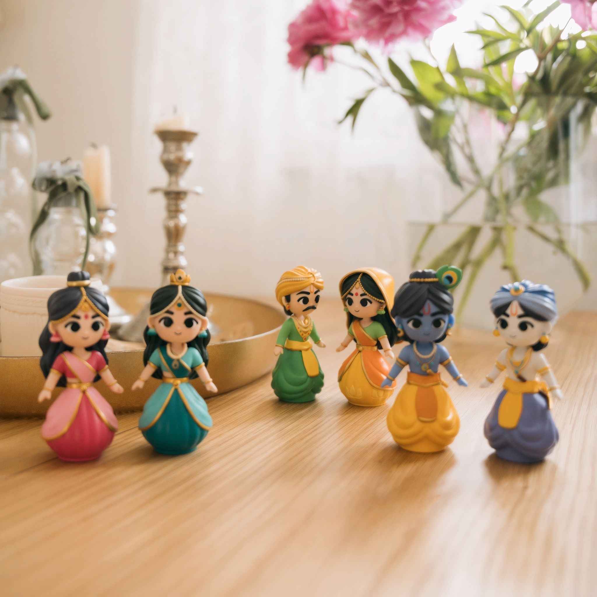 The figures standing on a wooden table at home beside a brass lamp and a vase of pink flowers