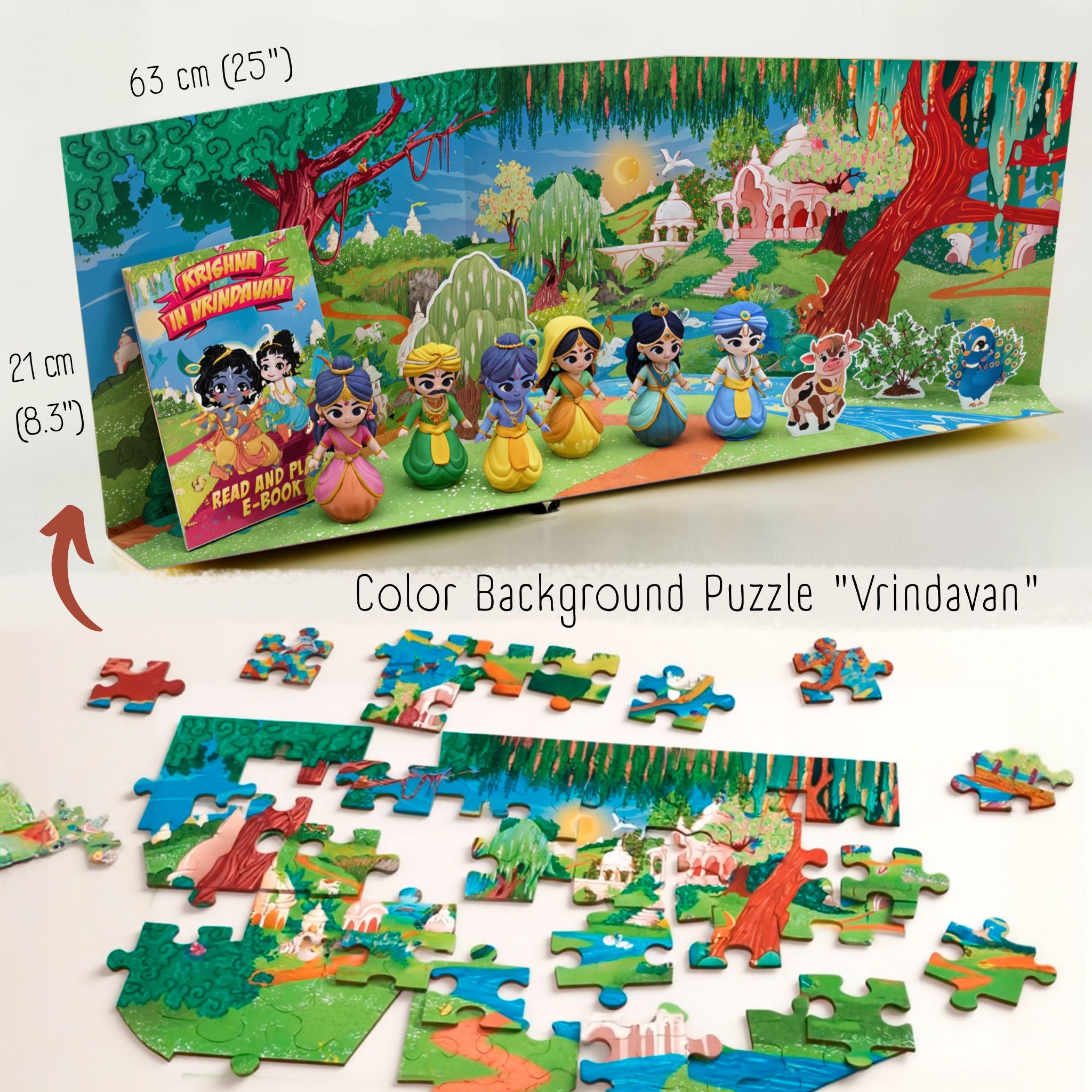 Folding cardboard Vrindavan background 63 by 21 cm with figures and cardboard cutouts, and the puzzle laid out below