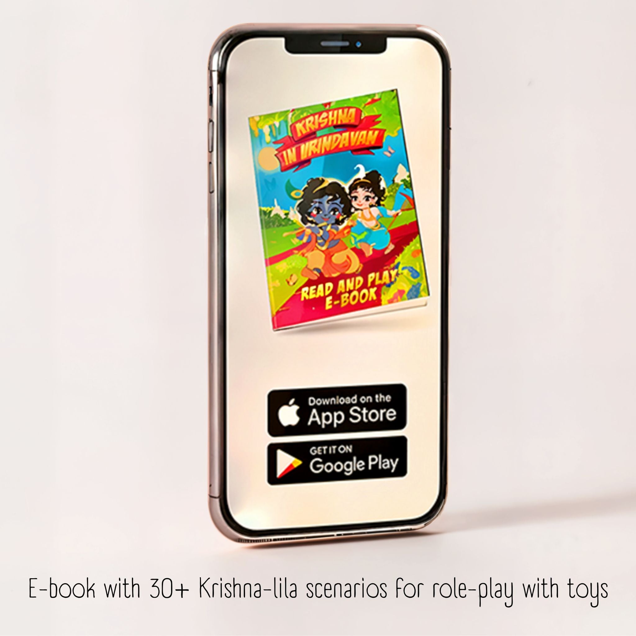 Phone showing the Read and Play e-book cover with more than 30 Krishna-lila scenarios