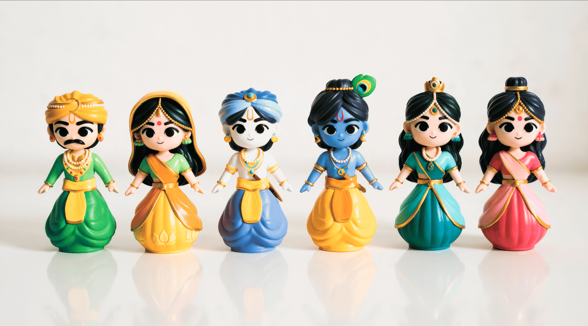 6 figuras: Krishna, Radharani, Lalita, Balarama, Yashoda y Nanda Maharaj.